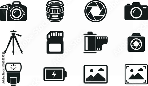 Photography equipment icons representing various camera accessories and tools for image creation.