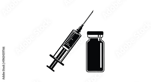A black and white illustration of a syringe and a vial