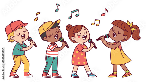 Melodious Quartet: A harmonious illustration showcasing a quartet of young, diverse children, each engrossed in singing into a microphone, their voices harmonizing.