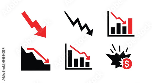 Stock market fall concept. Red downward zigzag line graph representing financial loss and economic decline..eps