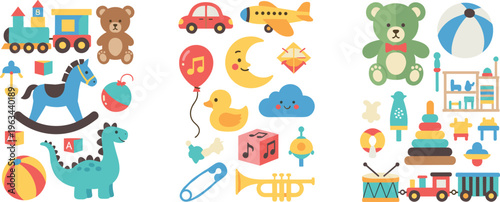 Kids toys vector set with teddy bear, train, rocking horse, musical instruments and colorful play elements in cute flat illustration style