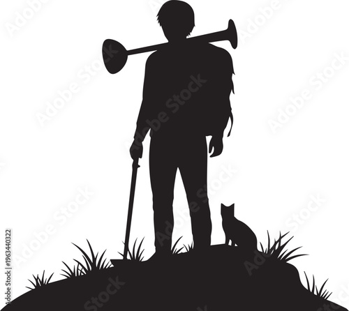 Silhouette of a man with a backpack and a horn standing on a hill with a cat isolated on transparent background