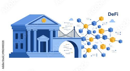 A decentralized finance building with a bridge and network connections