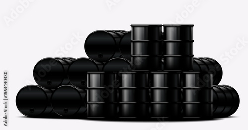 Oil canisters stack. Large quantity of fuel containers arranged together for storage, transportation, supply, industrial usage and distribution. Liquid petroleum, energy resource. Vector illustration.