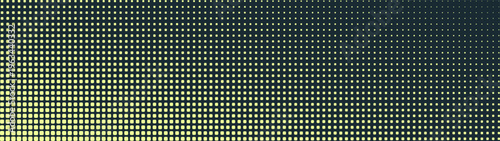 Panoramic abstract background in ultra wide 32:9 vector format with yellow black rounded square halftone grid and corner fade. LED light inspired high contrast design for hero section, UI layouts