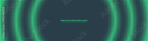 Panoramic abstract background in ultra wide 32:9 vector format with mint green dash grid halftone pattern and concentric frame. Futuristic tech design for banner, hero section, UI, dashboard layouts