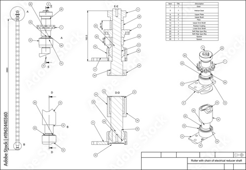 Assembly drawing of roller with chain of electrical reducer shaft. Vector design of steel mechanical device with dimension lines. Engineering technic computer cad scheme on transparent background. 