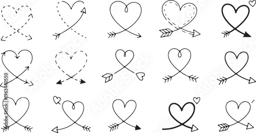 A collection of 15 minimalist black hand-sketched heart icons integrated with arrows on a white background, featuring both solid and dashed line styles for creative romantic designs.