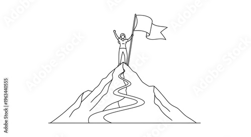 Person standing on mountain peak with flag symbolizing achievement and success in business and motivation