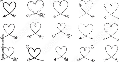A collection of 15 minimalist black hand-sketched heart icons integrated with arrows on a white background, featuring both solid and dashed line styles for creative romantic designs.