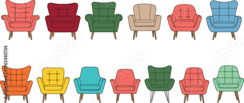 Modern armchairs vector set with colorful lounge chairs, upholstered furniture and home interior design elements