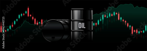 Market chart. Oil canister. Fuel price changes. Financial graph. Petroleum trading, cost fluctuations, energy market analysis and economic trends. Vector illustration.