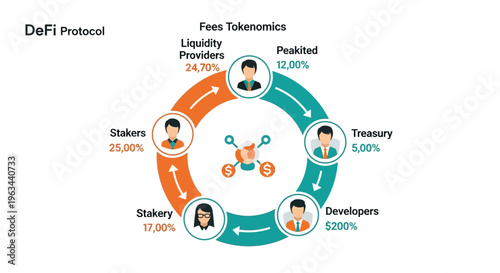 Decentralized finance concept explained with a circular diagram showing tokenomics allocation