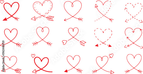 A collection of 15 minimalist red hand-sketched heart icons integrated with arrows on a white background, featuring both solid and dashed line styles for romantic designs.