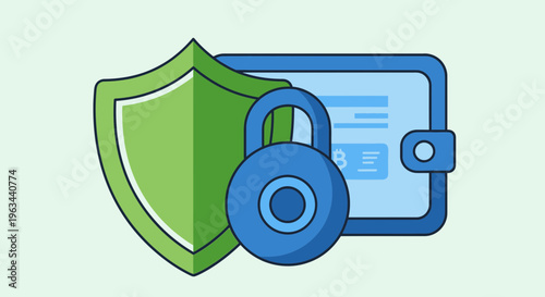 A decentralized finance system secures digital transactions with a padlock and shield on a device.