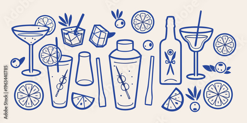 A playful arrangement of blue line drawn cocktail glasses bottles and garnishes