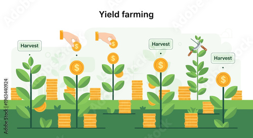 Decentralized finance concept illustrates yield farming with growing plants and coins.