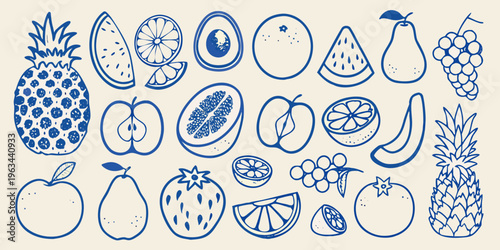 Collection of hand drawn blue line art illustrations of various fruits