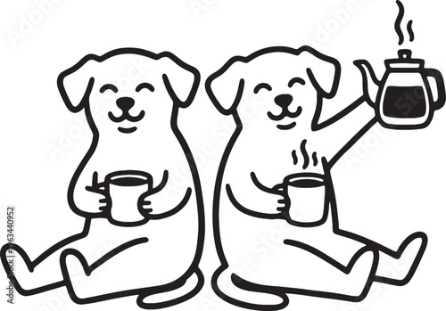 Two dogs sitting with coffee cups and a coffee pot
