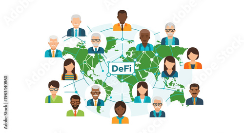 Global network of diverse people connected through Decentralized Finance systems worldwide.