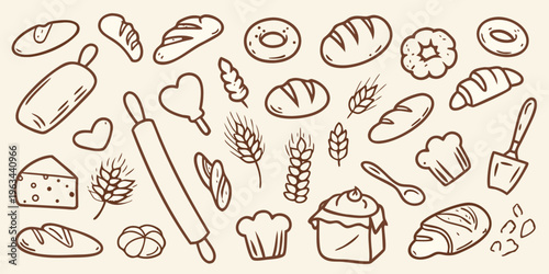 Hand drawn illustration of various breads wheat and baking tools