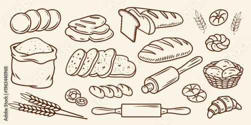 Hand drawn illustration of various breads wheat and baking tools