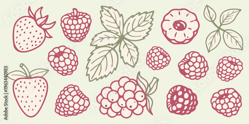 Stylized illustration of various red berries and green leaves on a pale background