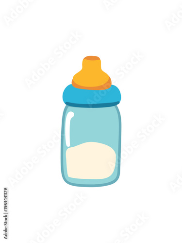 clear baby bottle with nipple filled with milk