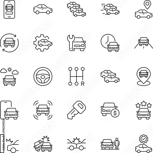 Car automotive line vector icon set repair key crash steering wheel gps