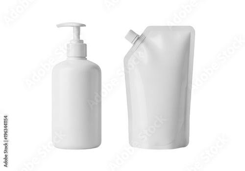 Two empty white pump and pouch soap dispensers placed side by side