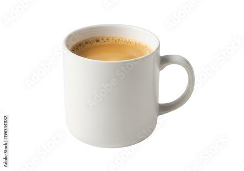 A white ceramic mug filled with frothy cappuccino or latte coffee