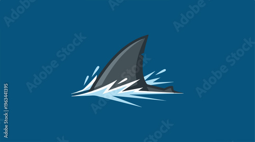 Shark fin emerging from water with splashes on blue background.