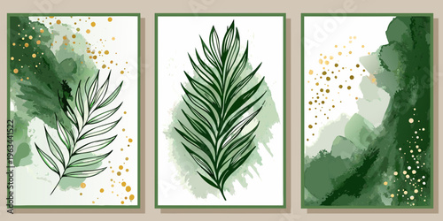 Abstract botanical artwork featuring tropical leaves and gold accents