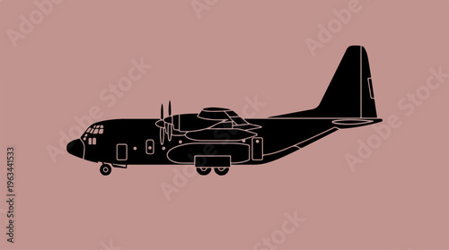 Silhouette of a C-130 Hercules military transport aircraft against a background.