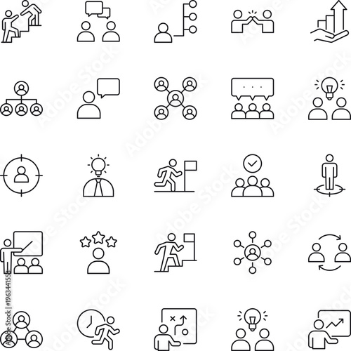 Business teamwork leadership line vector icon set target flag lightbulb chart