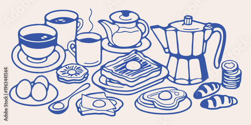 A blue line drawing depicting a breakfast or brunch arrangement