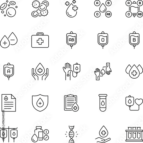 Medical blood donation line vector icon set bag drop DNA test tube