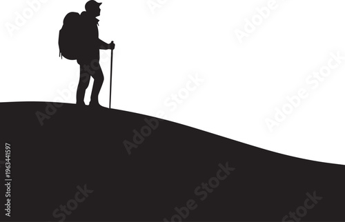 Hiker silhouette standing on hill with backpack and trekking pole isolated on transparent background