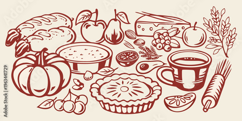 Autumn harvest still life featuring foods like pumpkin cheese and fruit