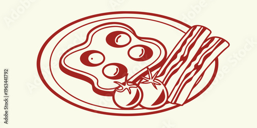 A vibrant red line drawing of breakfast with eggs bacon and tomatoes