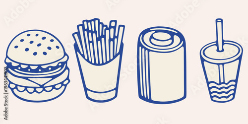 Illustration of a burger fries soda can and a drink with straw