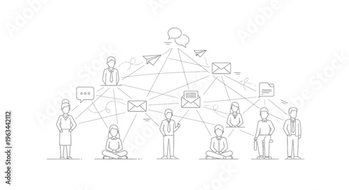 People connected by lines and emails in a network