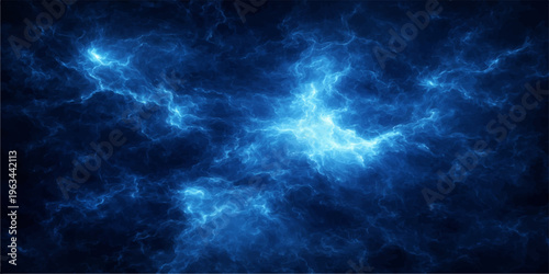 An abstract blue nature background blending a dark stormy sky with lightning textures and celestial stars over a light cloudscape design