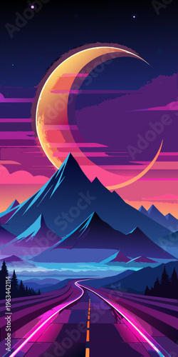 Vibrant nighttime mountain landscape with crescent moon