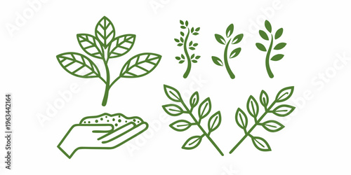 Hand holding soil with various green leaf and plant illustrations