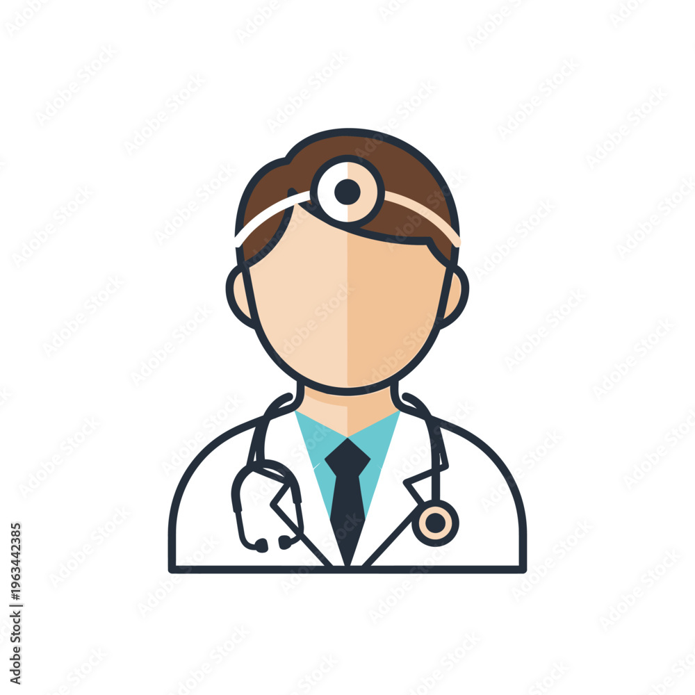 Fototapeta premium Stylized icon of a doctor wearing a lab coat, stethoscope, and head mirror, representing medical profession and healthcare.