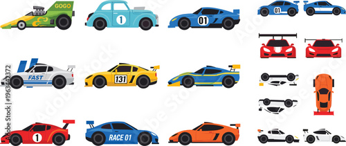 Racing cars vector set with sports cars, race vehicles, spoilers and high speed motorsport elements in modern flat illustration style