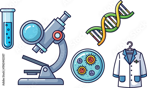 Medical science and laboratory icons set with microscope dna test tube virus and lab coat vector illustration collection
