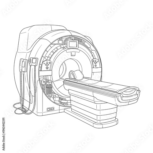 Detailed MRI machine line drawing perspective