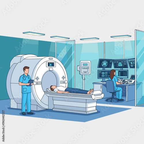 Medical team monitoring patient during MRI scan procedure